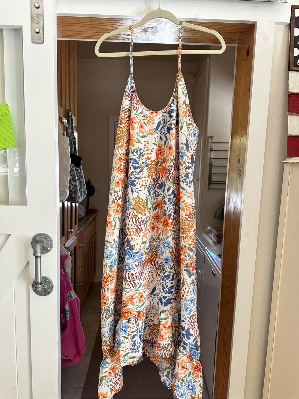 Three Bird Nest White Slip Maxi Dress with Orange & Blue Floral Print
